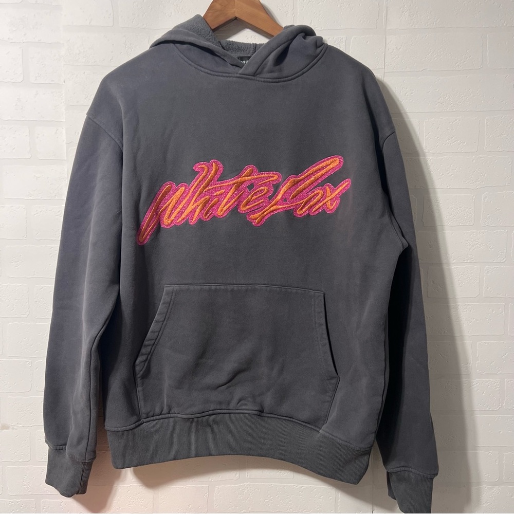 White Fox Gray Pink Sparkly Embroidered Sporty Athletic Hoodie Sweatshirt S
